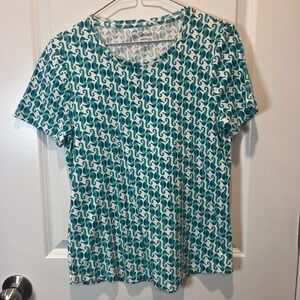 Chicos White Teal Seahorse Print Short Sleeve Crew Neck Cotton T‎ Shirt Size 1